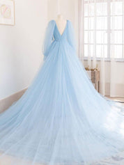 A-Line V-Neck Floor-Length Light Blue Tulle Prom Dress with Long Sheer Sleeves