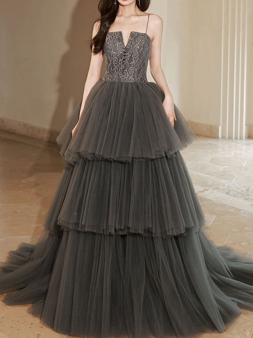 Gray Lace Long Prom Dresses, Lace Formal Gray Graduation Dresses