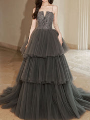 Gray Lace Long Prom Dresses, Lace Formal Gray Graduation Dresses