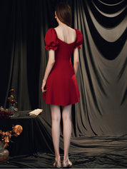 A-Line Notched Square Neck Knee-Length Red Satin Homecoming Dress with Puff Sleeves