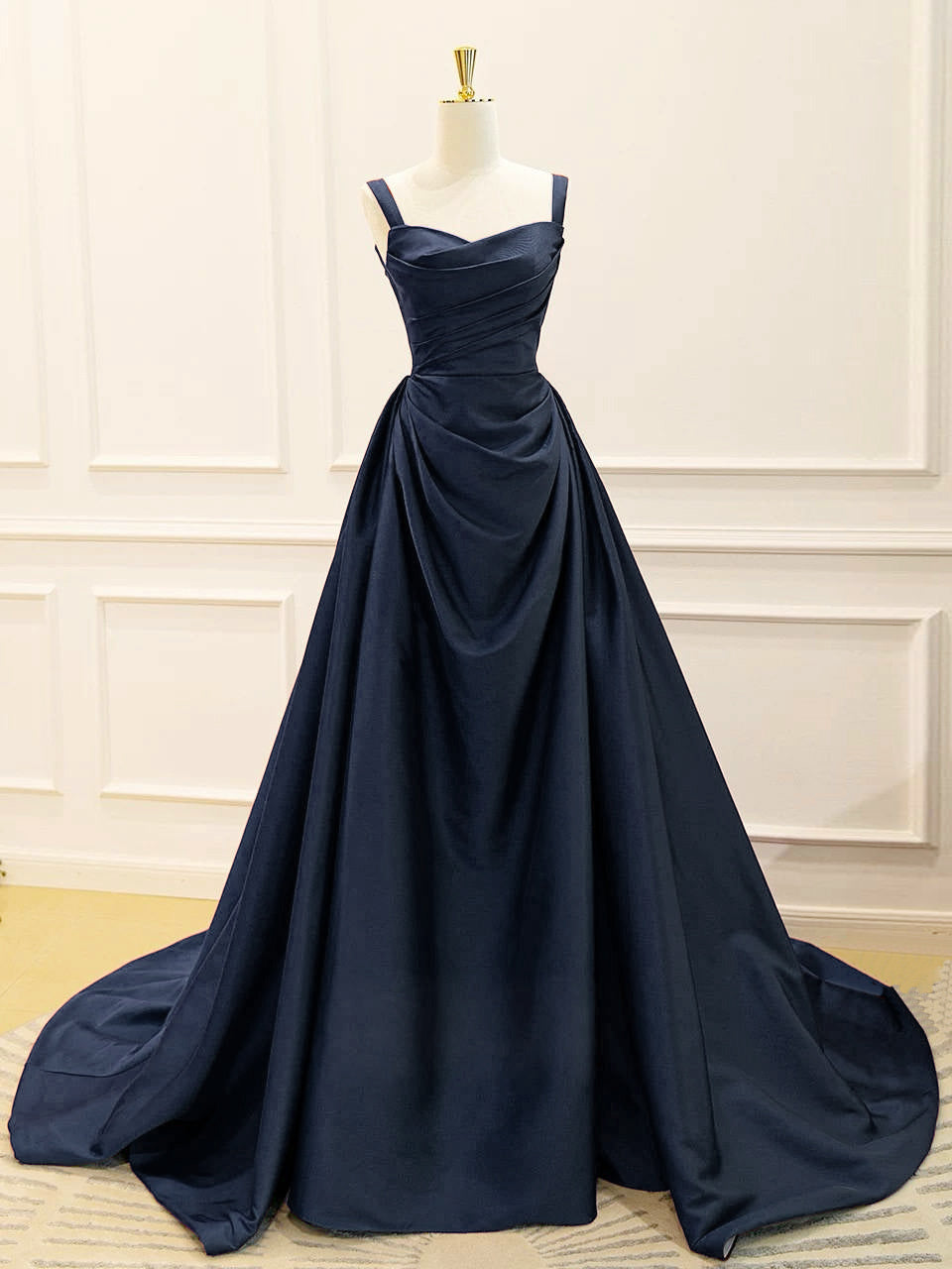 A-Line Satin Dark Blue Long Prom Dress, Dark Blue Long Evening Dress