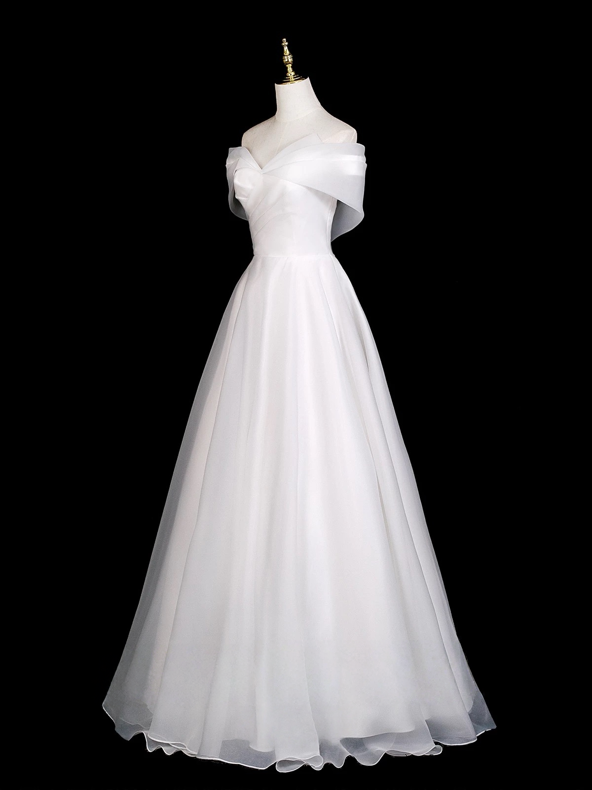 A-Line Off Shoulder Organza White Long Prom Dress with Lace-Up Back