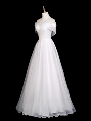 A-Line Off Shoulder Organza White Long Prom Dress with Lace-Up Back