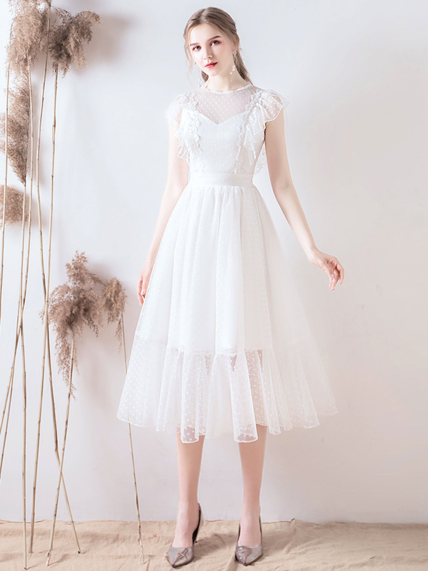 White A-Line Illusion Neck Tea-Length Tulle Prom Dress with Ruffled Lace Overlay