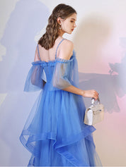 A-Line Off-the-Shoulder Knee-Length Blue Tulle Layered Homecoming Dress
