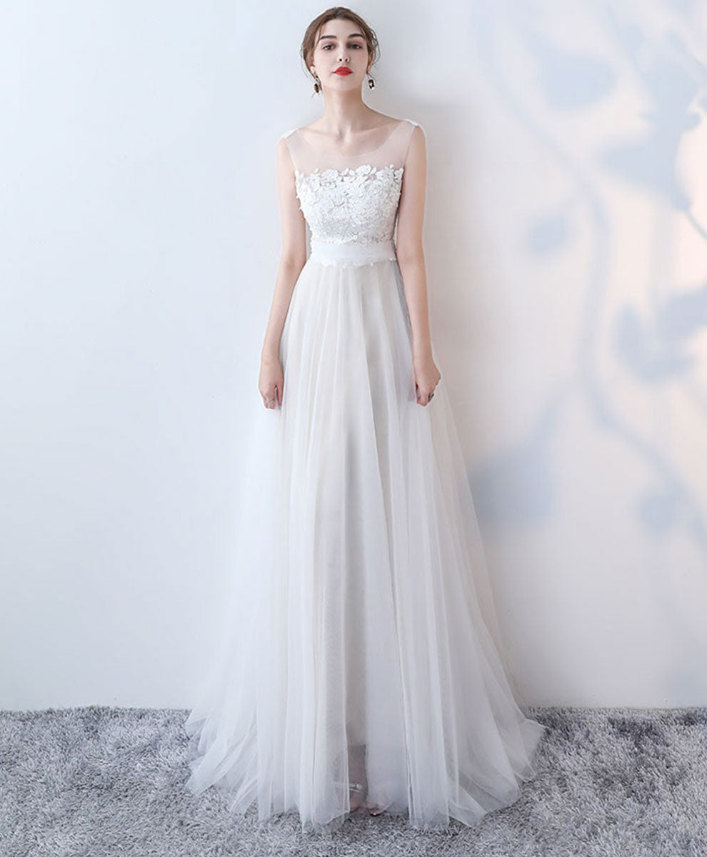 A-Line Ivory Illusion Neck Floor-Length Tulle Lace Prom Dress with Floral Appliqué Bodice