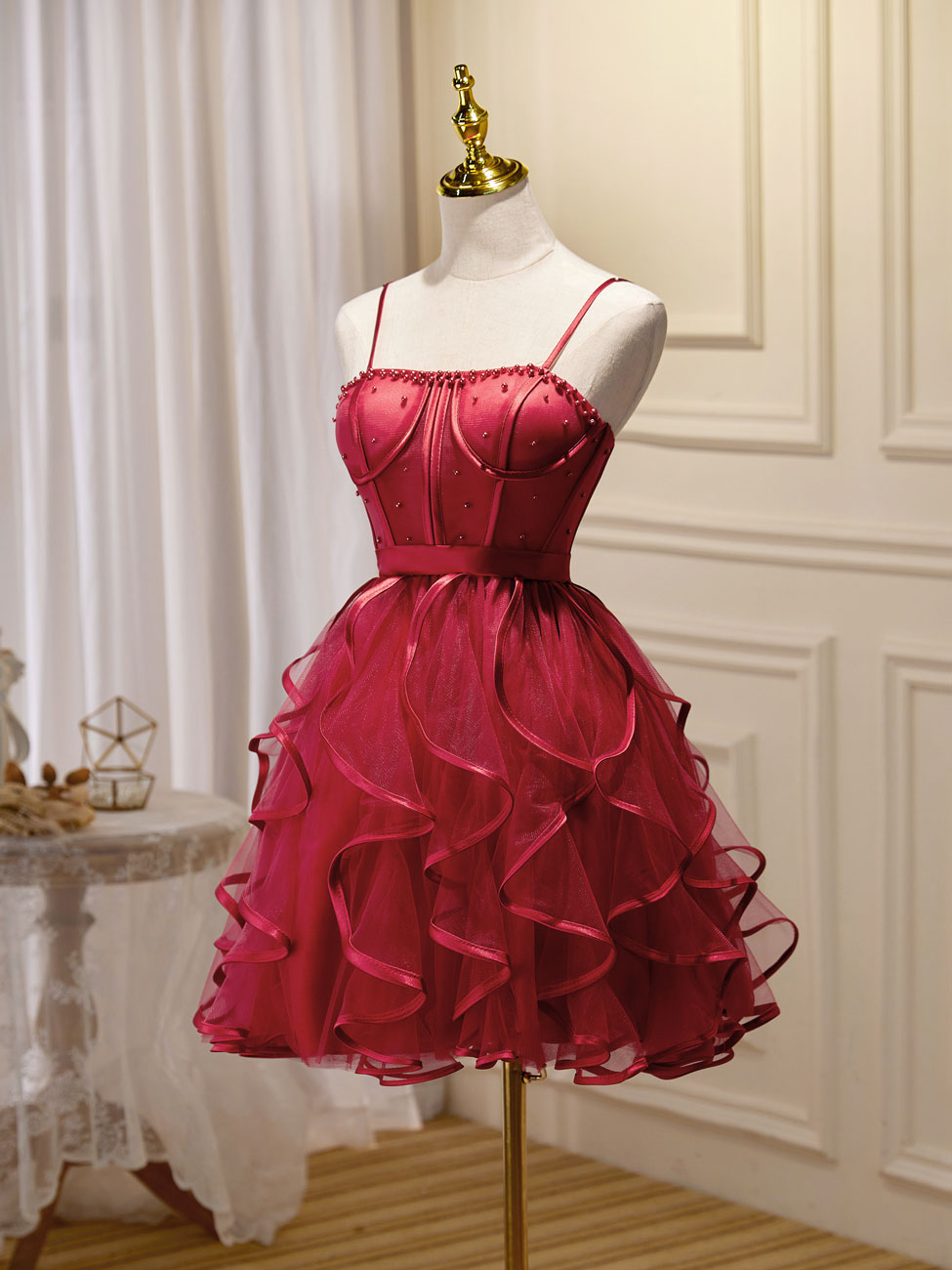 A-Line Spaghetti Straps Short Red Tulle Homecoming Dress with Beading and Tiered Ruffle Skirt