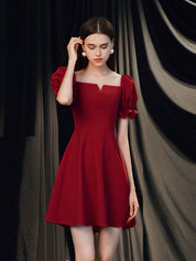 A-Line Notched Square Neck Knee-Length Red Satin Homecoming Dress with Puff Sleeves