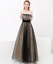 A-Line Off-the-Shoulder Floor-Length Tulle Lace Prom Dress with Polka Dot Overlay