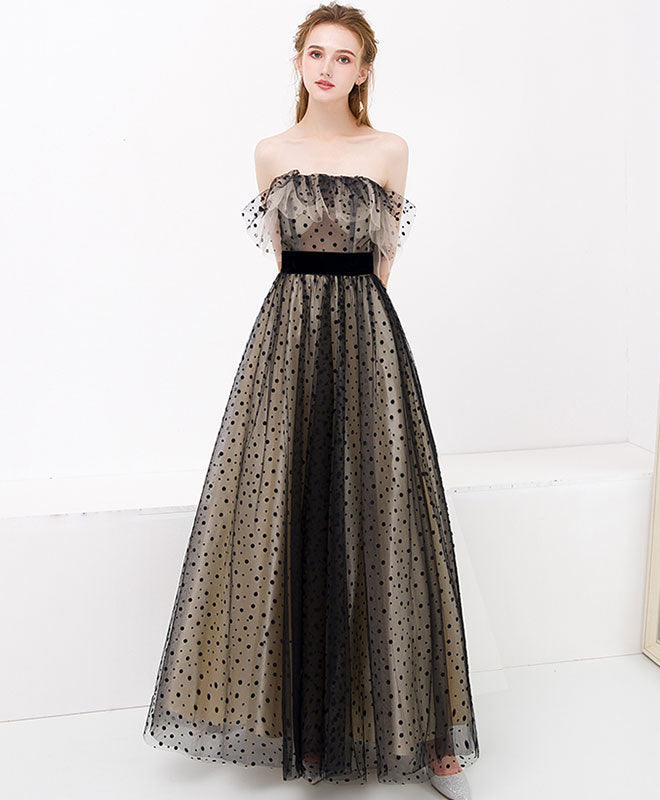 A-Line Off-the-Shoulder Floor-Length Tulle Lace Prom Dress with Polka Dot Overlay