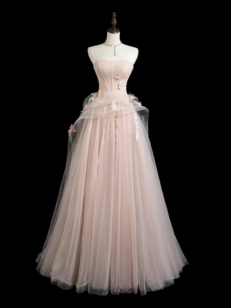 A-Line Tulle Lace Pink Long Prom Dress, Pink Long Formal Dress