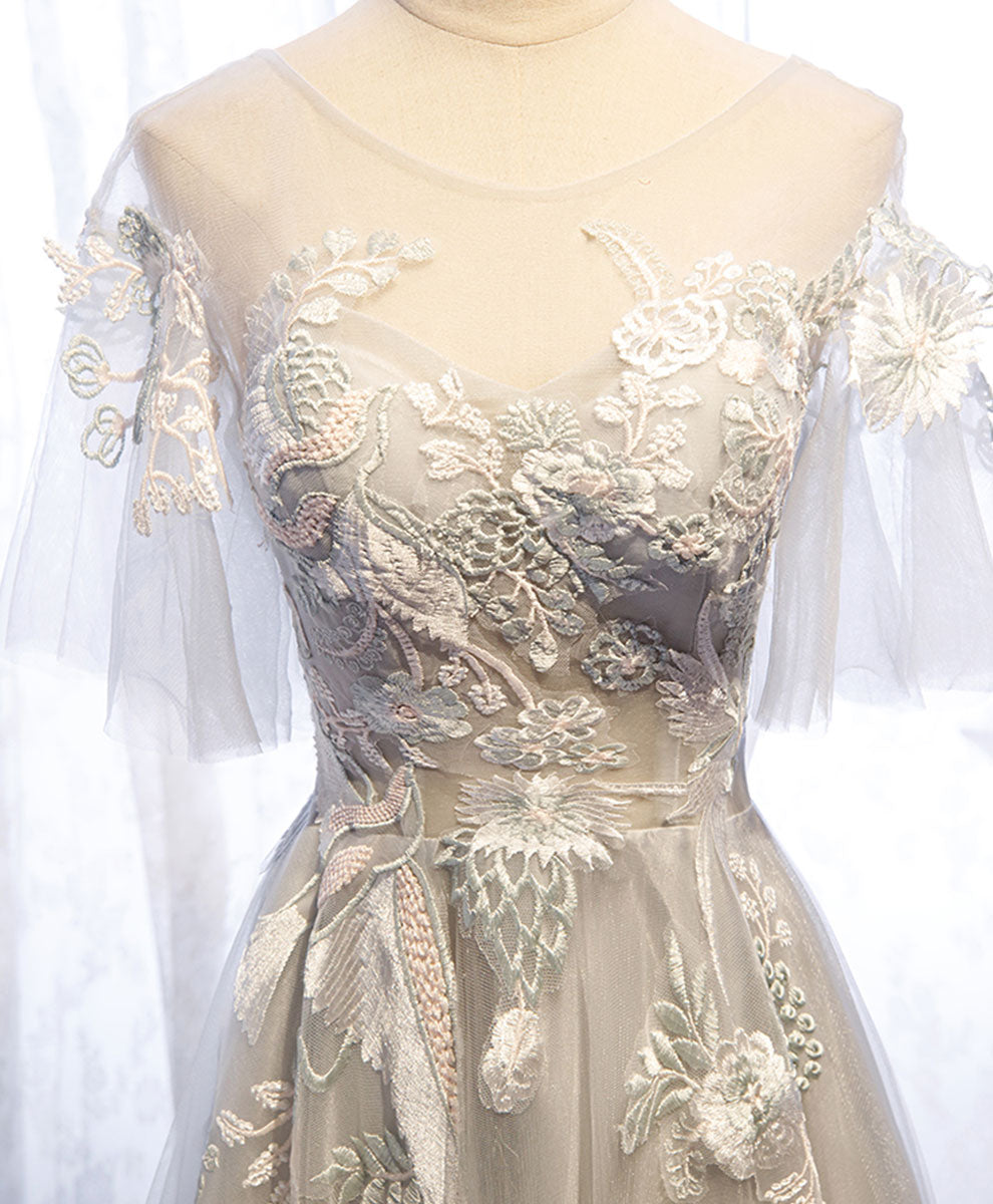 A-Line Illusion Neck Floor-Length Gray Tulle Prom Dress with Lace Appliqué