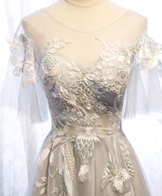 A-Line Illusion Neck Floor-Length Gray Tulle Prom Dress with Lace Appliqué