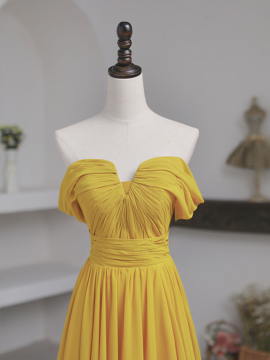 Mustard Yellow A-Line Off-the-Shoulder Floor-Length Tulle Prom Dress with Pleated Bodice