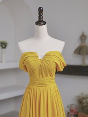 Mustard Yellow A-Line Off-the-Shoulder Floor-Length Tulle Prom Dress with Pleated Bodice