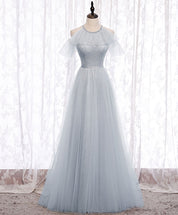 A-Line Light Blue Illusion High Neck Floor-Length Tulle Prom Dress with Beaded Bodice and Flutter Sleeves