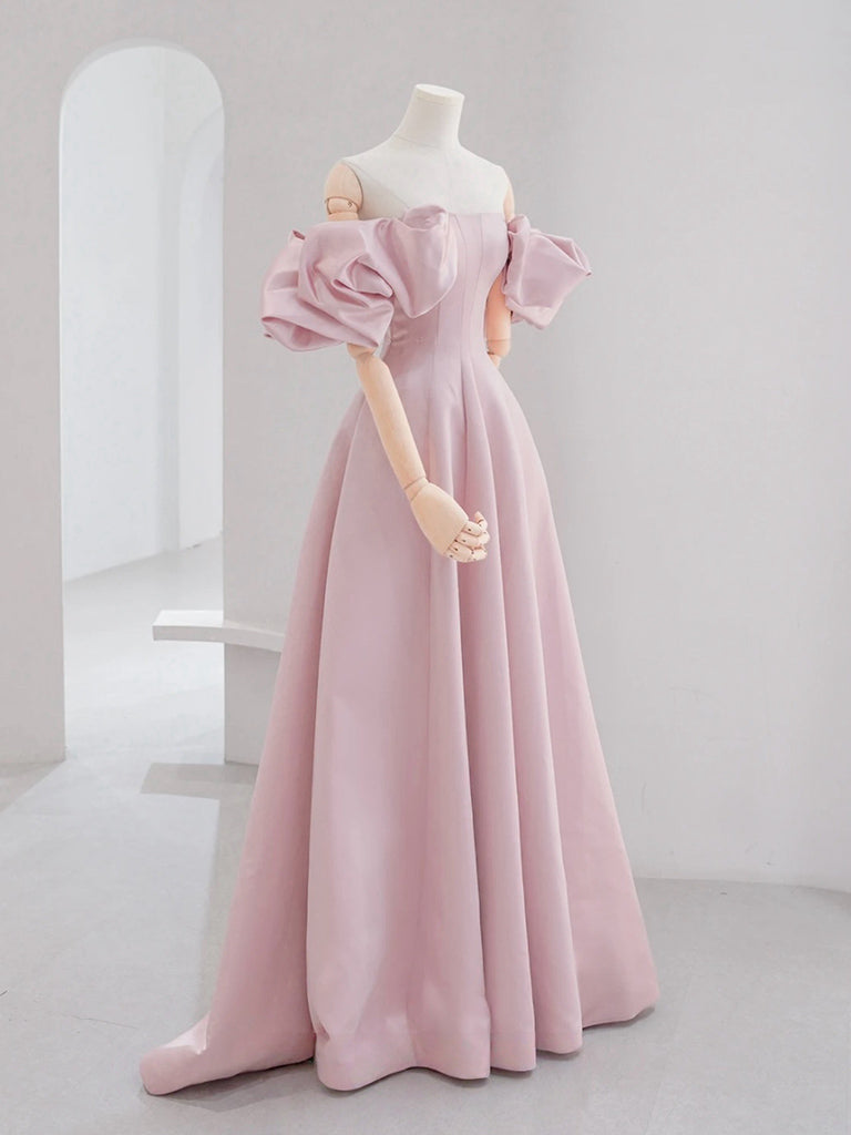 A-line Puff Sleeves Satin Pink Long Prom Dress, Pink Long Formal Dress