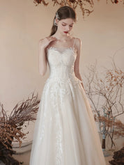 A-Line Ivory Illusion Neck Floor-Length Tulle Lace Appliqué Prom Dress