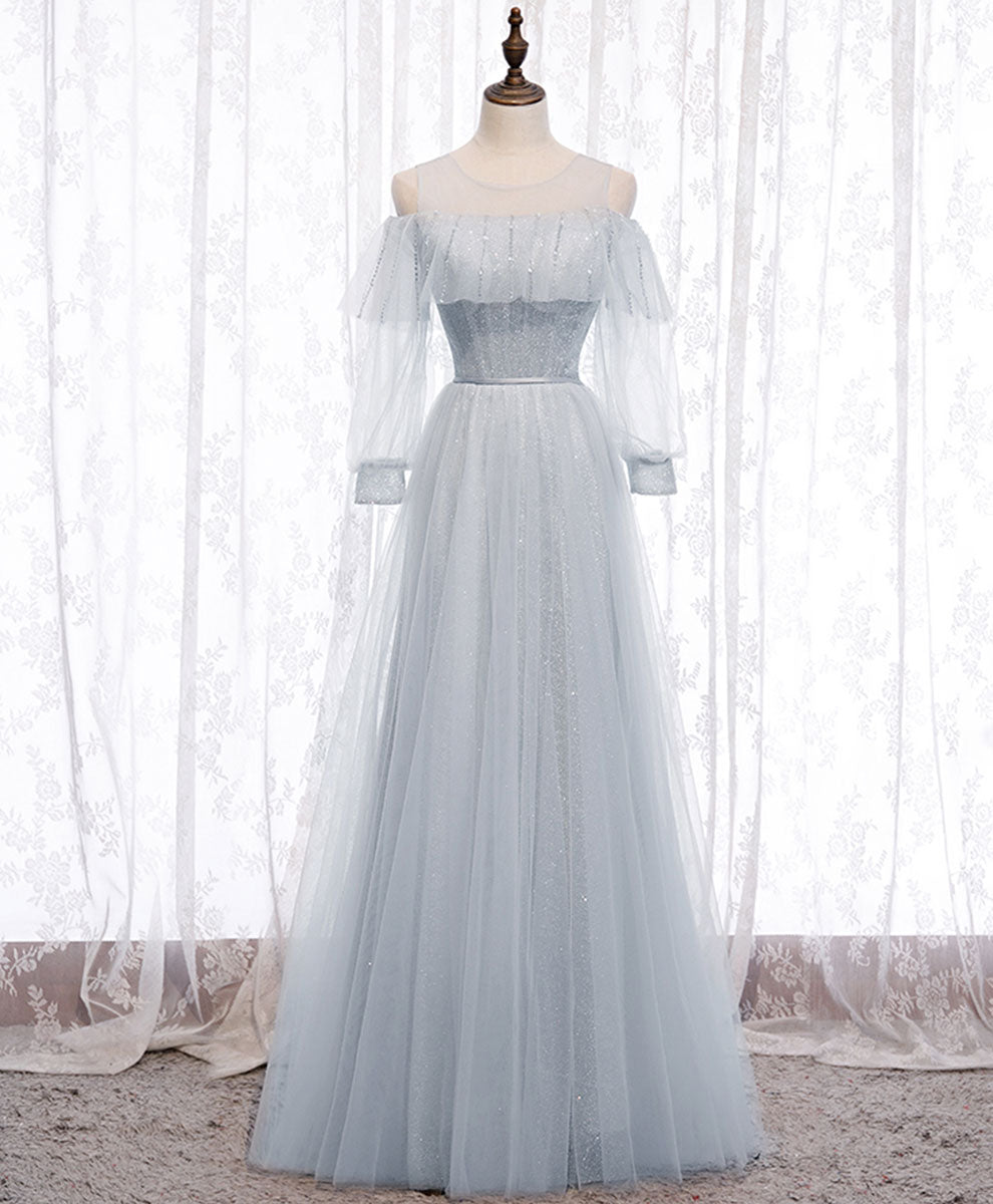 A-Line Light Blue Illusion High Neck Floor-Length Tulle Prom Dress with Beaded Bodice and Flutter Sleeves