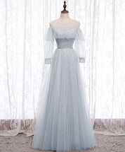 A-Line Light Blue Illusion High Neck Floor-Length Tulle Prom Dress with Beaded Bodice and Flutter Sleeves