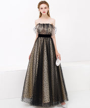 A-Line Off-the-Shoulder Floor-Length Tulle Lace Prom Dress with Polka Dot Overlay
