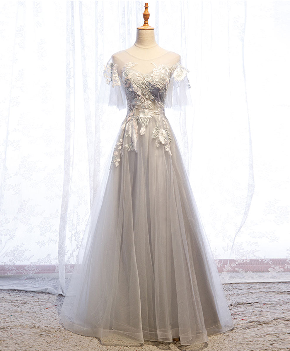 A-Line Illusion Neck Floor-Length Gray Tulle Prom Dress with Lace Appliqué