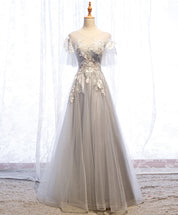 A-Line Illusion Neck Floor-Length Gray Tulle Prom Dress with Lace Appliqué