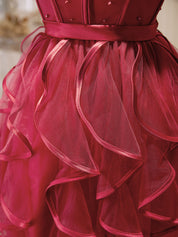 A-Line Spaghetti Straps Short Red Tulle Homecoming Dress with Beading and Tiered Ruffle Skirt
