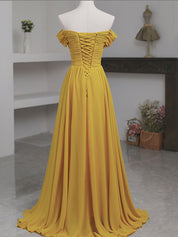 Mustard Yellow A-Line Off-the-Shoulder Floor-Length Tulle Prom Dress with Pleated Bodice