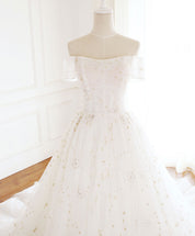 A-line Off-the-Shoulder Floor-Length Tulle & Lace Embroidered Prom Dress