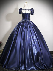 A-Line Puff Sleeves Dark Blue Long Prom Dress with Lace-Up Back