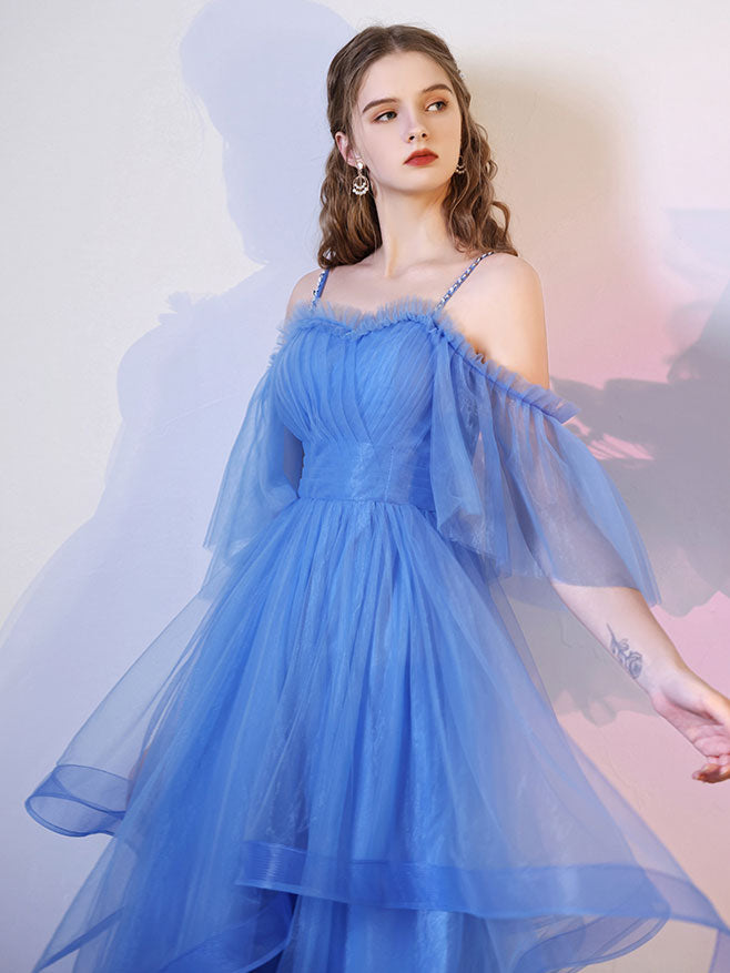 A-Line Off-the-Shoulder Knee-Length Blue Tulle Layered Homecoming Dress