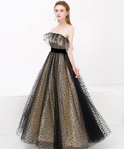 A-Line Off-the-Shoulder Floor-Length Tulle Lace Prom Dress with Polka Dot Overlay