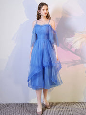 A-Line Off-the-Shoulder Knee-Length Blue Tulle Layered Homecoming Dress