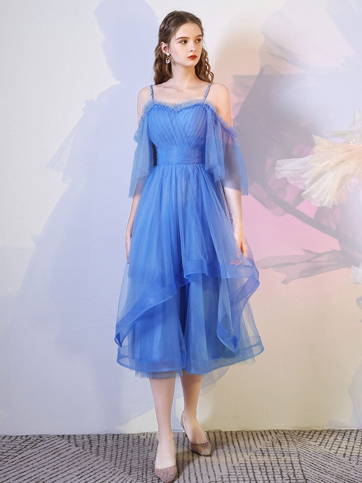 A-Line Off-the-Shoulder Knee-Length Blue Tulle Layered Homecoming Dress