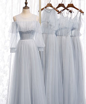 A-Line Light Blue Illusion High Neck Floor-Length Tulle Prom Dress with Beaded Bodice and Flutter Sleeves