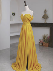 Mustard Yellow A-Line Off-the-Shoulder Floor-Length Tulle Prom Dress with Pleated Bodice