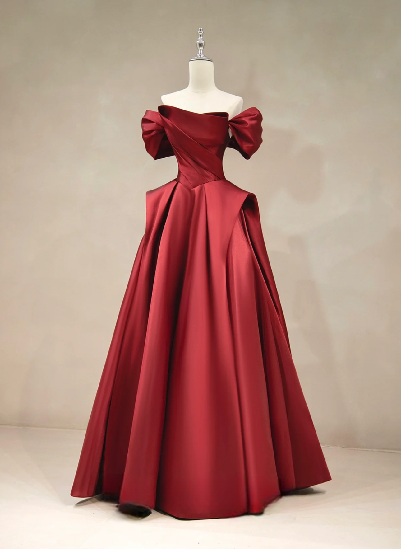 A-Line Off Shoulder Satin Burgundy Long Prom Dress, Burgundy Long Formal Dress