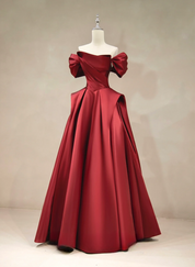 A-Line Off Shoulder Satin Burgundy Long Prom Dress, Burgundy Long Formal Dress