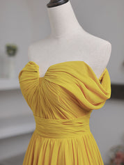 Mustard Yellow A-Line Off-the-Shoulder Floor-Length Tulle Prom Dress with Pleated Bodice