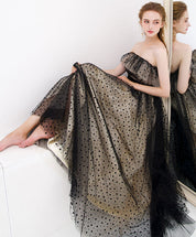 A-Line Off-the-Shoulder Floor-Length Tulle Lace Prom Dress with Polka Dot Overlay