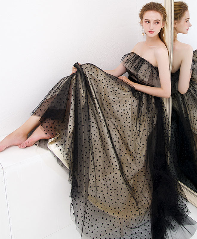 A-Line Off-the-Shoulder Floor-Length Tulle Lace Prom Dress with Polka Dot Overlay