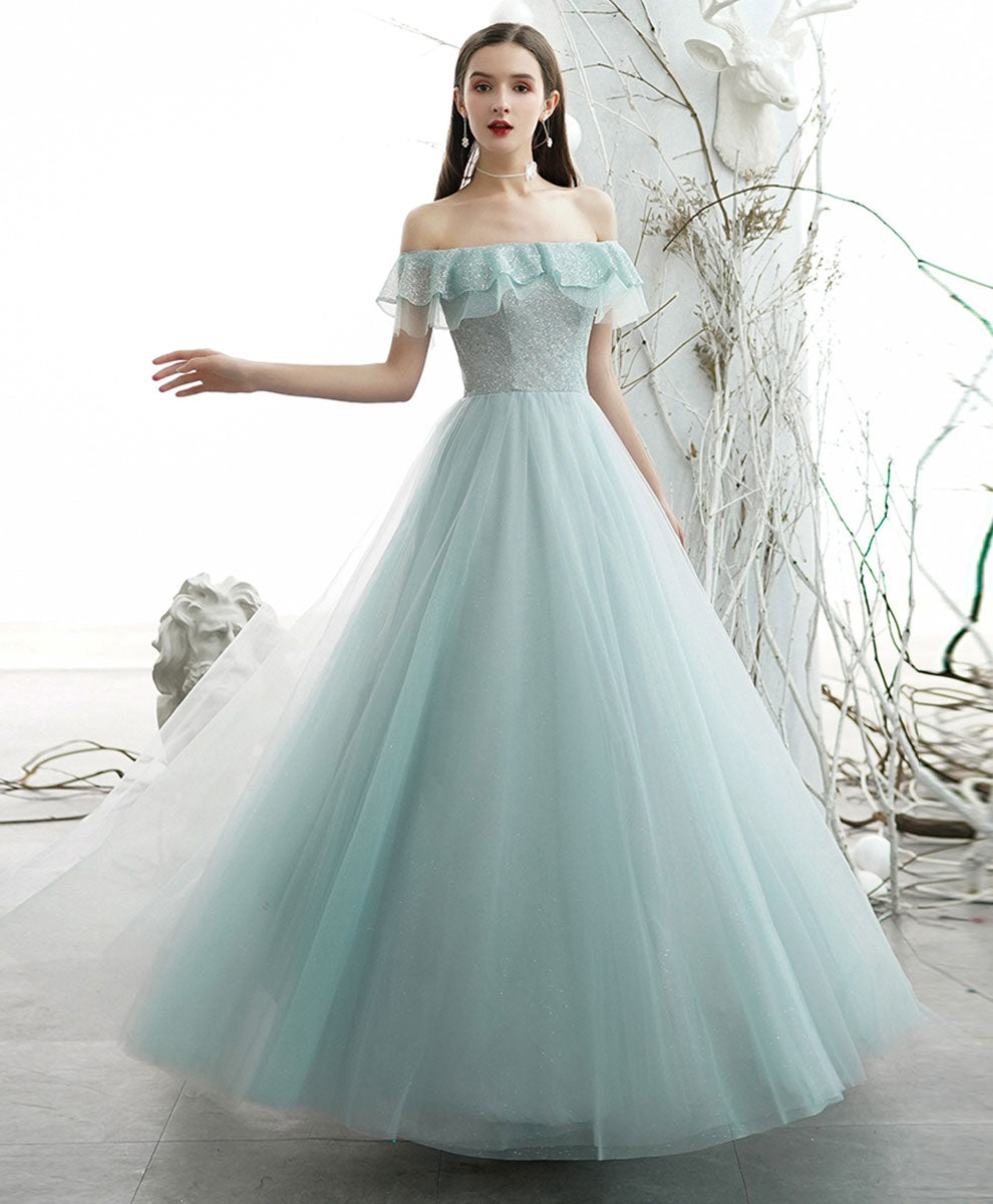 A-Line Off-the-Shoulder Floor-Length Mint Green Tulle Sequin Prom Dress with Ruffled Neckline