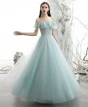 A-Line Off-the-Shoulder Floor-Length Mint Green Tulle Sequin Prom Dress with Ruffled Neckline
