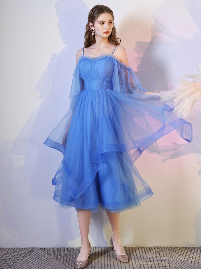 A-Line Off-the-Shoulder Knee-Length Blue Tulle Layered Homecoming Dress