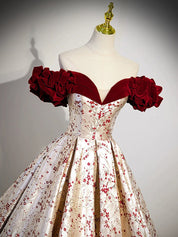 A-Line Off Shoulder Satin/velvet Champagne Long Prom Dress, Champagne Long Formal Dress