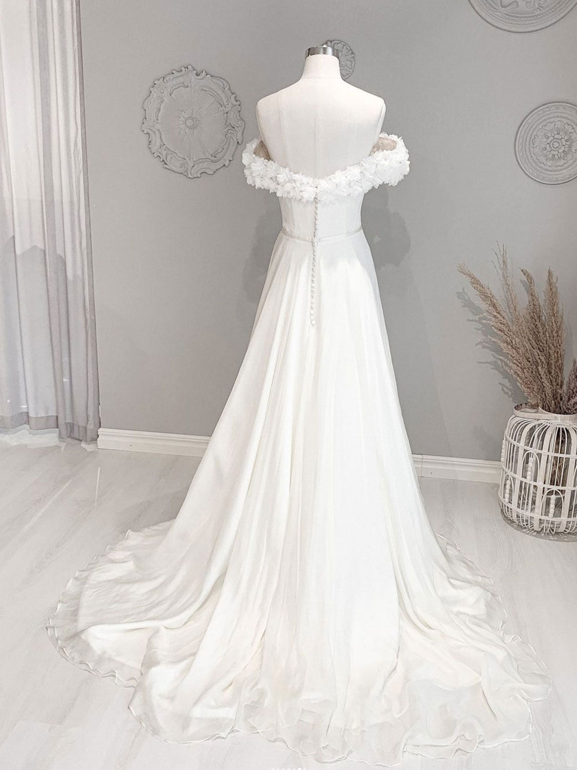 Ivory A-Line Off-the-Shoulder Floor-Length Tulle Prom Dress with 3D Floral Appliqué Neckline
