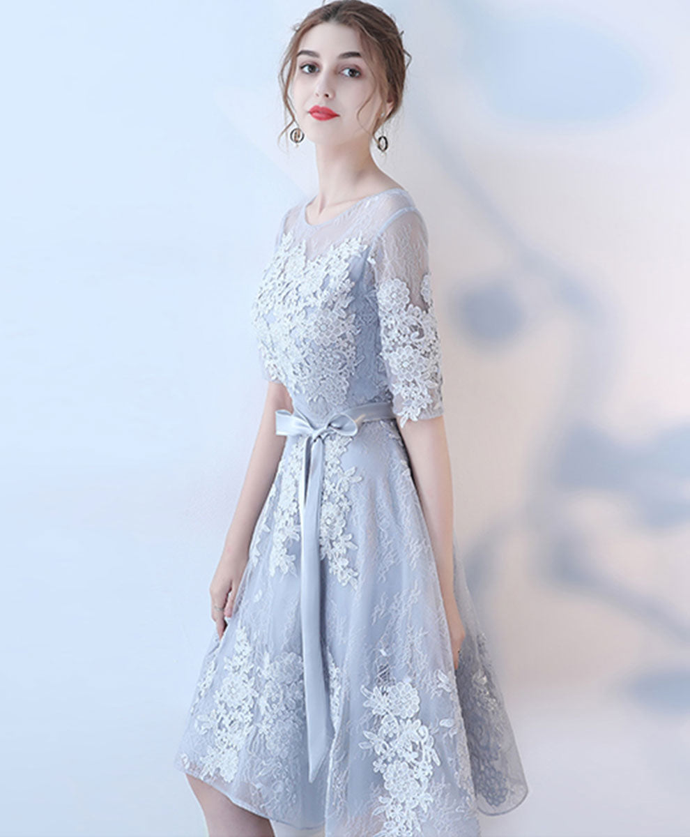 A-Line Illusion Neck Knee-Length Light Gray Tulle Lace Homecoming Dress with Floral Appliqué
