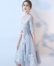 A-Line Illusion Neck Knee-Length Light Gray Tulle Lace Homecoming Dress with Floral Appliqué