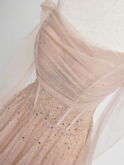 A-Line Off-the-Shoulder Floor-Length Blush Tulle Beaded Prom Dress with Soft Tulle Sleeves